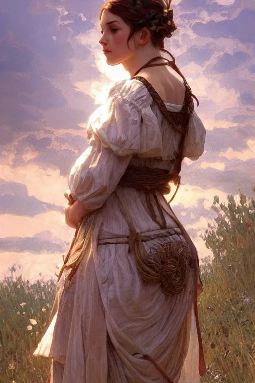 Image similar to beautiful cottagecore young peasant maiden, intricate, elegant, highly detailed, digital painting, artstation, concept art, smooth, sharp focus, illustration, art by artgerm and greg rutkowski and alphonse mucha