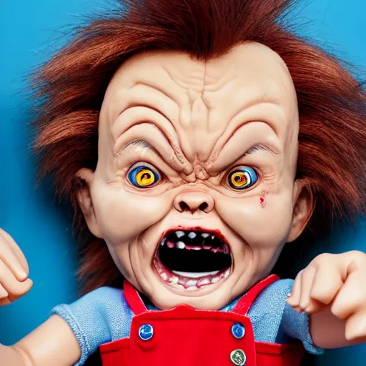 Image similar to chucky doll screaming at the dentist office while getting teeth cleaned