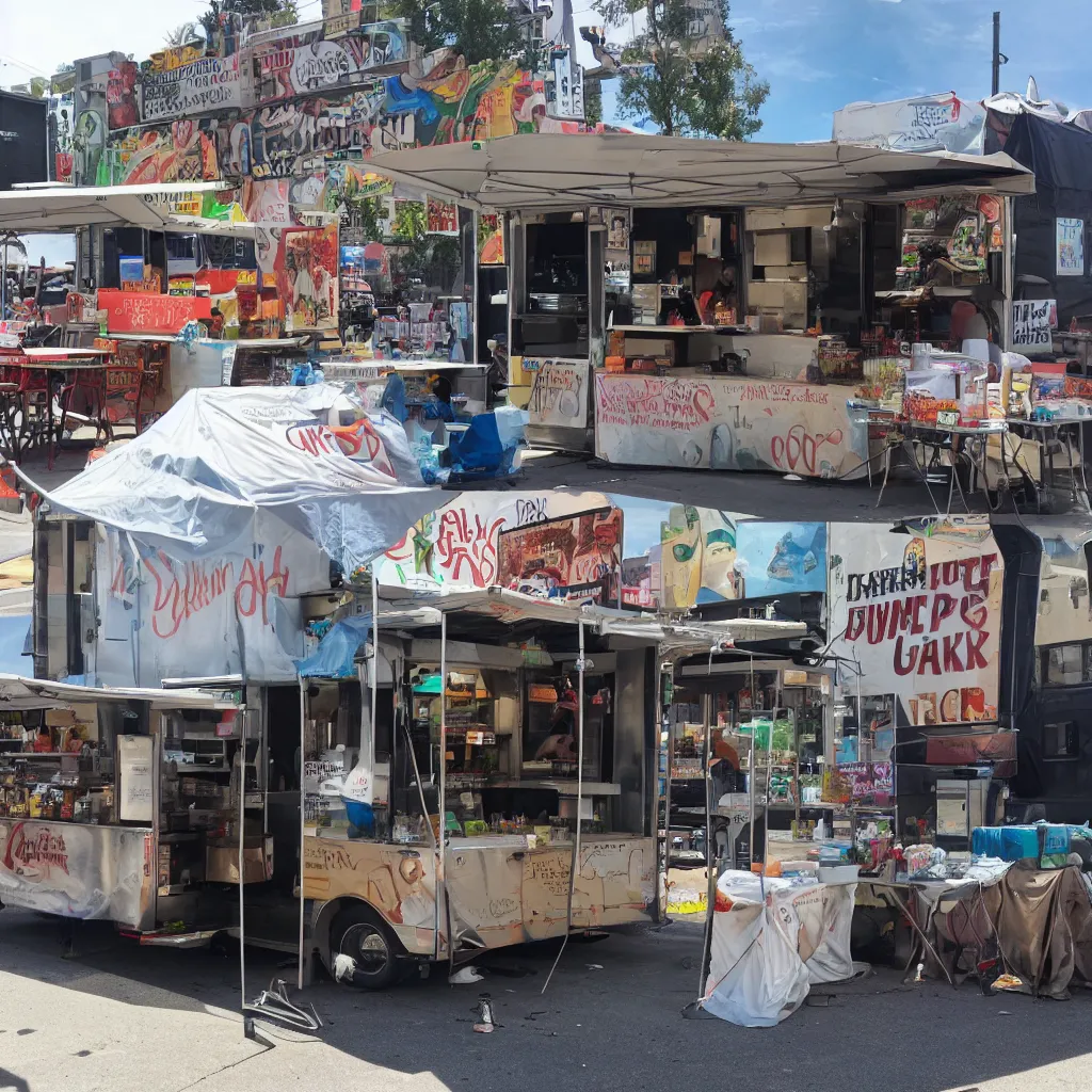 Prompt: food truck With line along side homeless tent . grocery store and smoke shop across the street