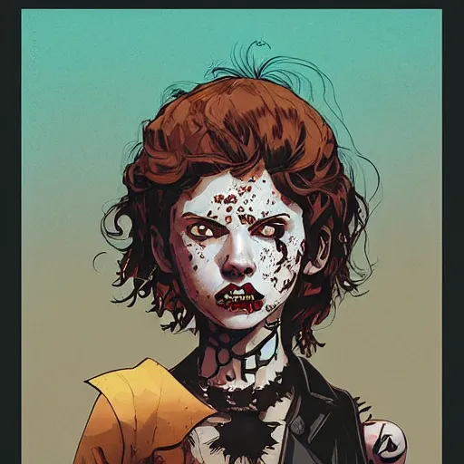 Image similar to Highly detailed portrait of a punk zombie young lady with freckles and brown curly hair hair by Atey Ghailan, by Loish, by Bryan Lee O'Malley, by Cliff Chiang, was inspired by image comics, inspired by scott pilgrim, inspired by graphic novel cover art !!!gold, silver, opal, brown, black, and white color scheme ((grafitti tag brick wall background))