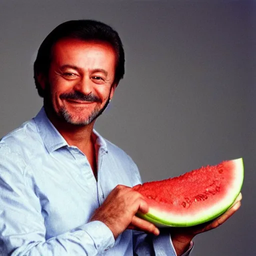 Prompt: recep tayyip smiling holding watermelon for a 1 9 9 0 s sitcom tv show, studio photograph, portrait c 1 2. 0
