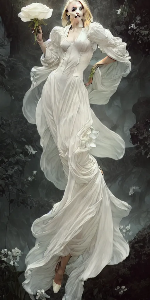 Image similar to woman dressed in a vaporous wrapped large victorian white roses silk semi-transparent dress fashion is running D&D, fantasy, intricate, elegant, highly detailed, digital painting, artstation, concept art, matte, sharp focus, illustration, art by Artgerm and Greg Rutkowski and Alphonse Mucha