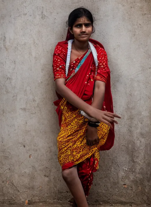 Image similar to Mid-shot portrait of a beautiful 20-year-old woman from India in her traditional get-up, candid street portrait in the style of Martin Schoeller award winning, Sony a7R