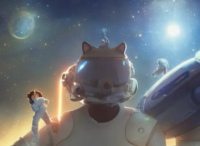 Image similar to a space handsome gay guy and his pet space cat staring role in a musical sci - fi space opera ghibli animated film, volumetric lighting, octane render by stanley artgerm lau, greg rutkowski, thomas kindkade, alphonse mucha, loish, norman rockwel, 8 k greg rutkowski