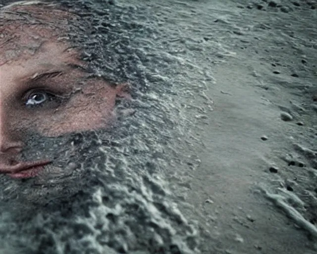 Image similar to a realistic human head coming out of the ground, surreal, water art manipulation