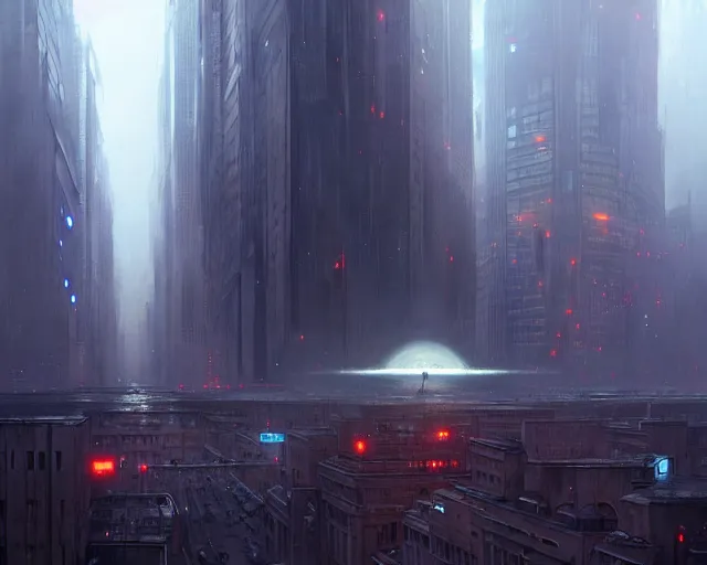 Prompt: great city being watched over by an all-seeing malevolent AI, a sci-fi digital painting by Greg Rutkowski and James Gurney, trending on Artstation, eerily beautiful, highly detailed