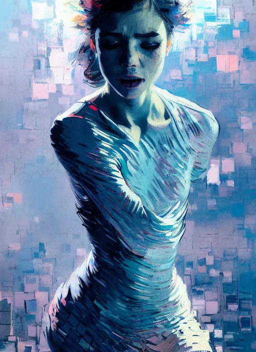 Image similar to portrait of beautiful girl, ecstatic, dancing, eyes closed, shades of blue and grey, new yotk backdrop, beautiful face, rule of thirds, intricate outfit, spotlight, by greg rutkowski, by jeremy mann, by francoise nielly, by van gogh, digital painting