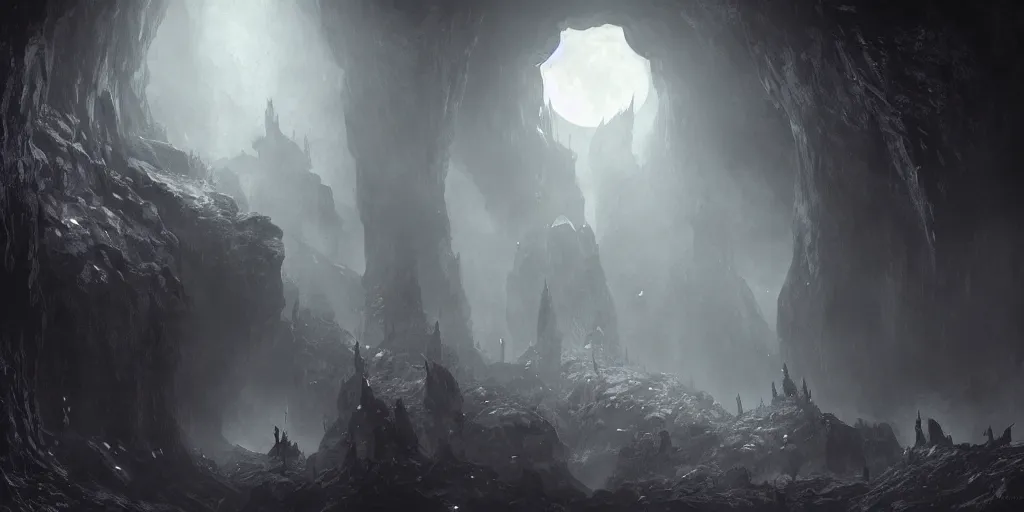 Image similar to inside volumetric cave in the style of bloodborne, dark souls, demon souls, gothic art, dark fantasy, concept art, digital painting, trending on art station, night time, moon light, god rays, highly detailed