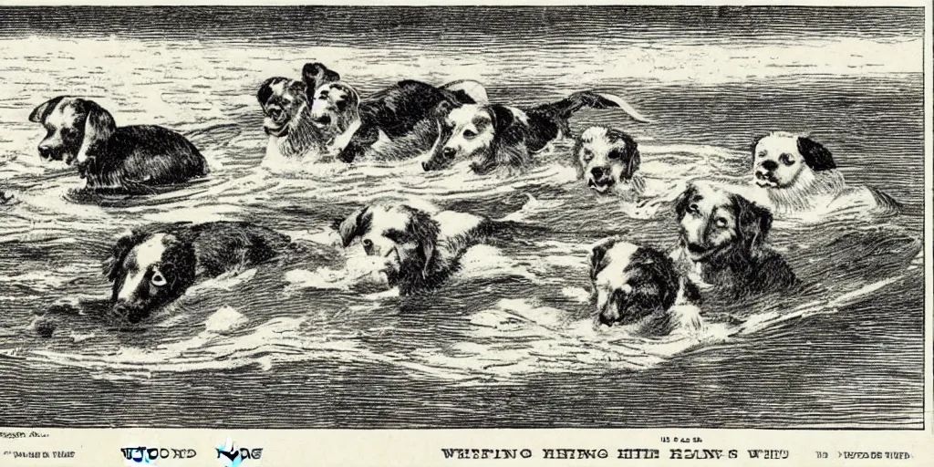 Image similar to an illustration of dogs swimming in a wide pool, vaudevillian, from 1890, detailed, vignette, high quality scan