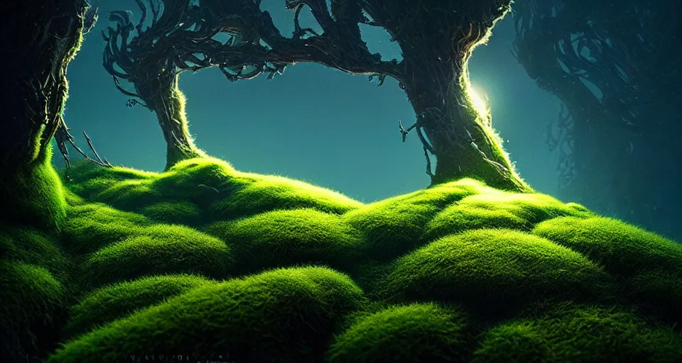 Image similar to a beautiful macro photography of moss with alien fungus, hyperdetailed, warm volumetric lights, made by gerald brom and mike winkelmann