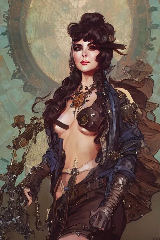 Image similar to evil elizabeth taylor steampunk half - cyborg cowgirl, pelt coats, high fantasy, dnd, smooth, sharp focus, illustration, highly detailed, digital painting, artstation, concept art, by rossdraws, alphonse mucha, frank fanzzeta, collectible card art