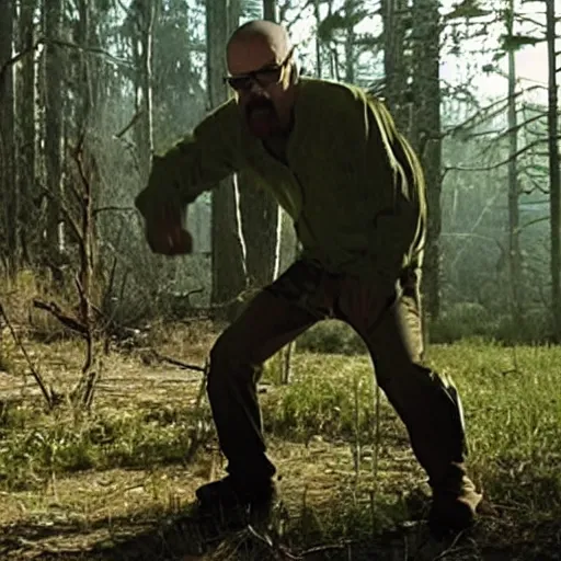 Prompt: deformed monster walter white committing treason in the highest degree against skyler white while having a schizophrenic episode in the forest on his trailcam