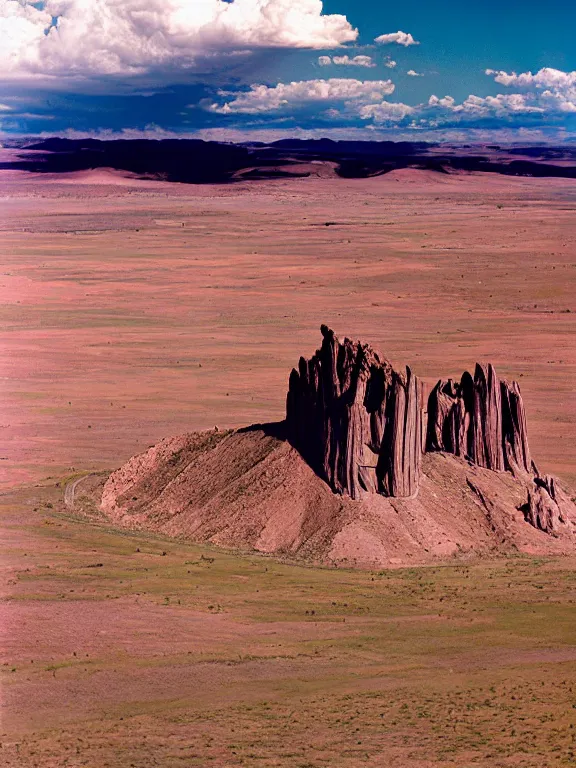 Prompt: photo of shiprock, hogback ridge, high aerial view, the foreground is brightly lit by sun, and the background clouds are dark and foreboding. kodak portra 4 0 0