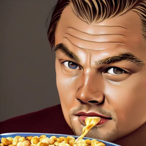 Image similar to a detailed portrait of leonardo dicaprio eating cereal with a fork, art illustration, incredibly highly detailed and realistic, 8 k, sharp focus