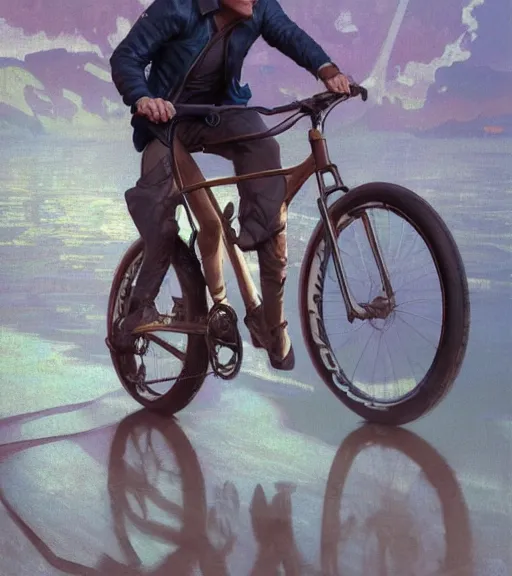 Image similar to Ben Shapiro riding a bike, sigma male, accurately portrayed, portrait art by alphonse mucha and greg rutkowski, highly detailed, digital painting, concept art, illustration, dim lighting with twilight rays of sunlight, trending on artstation, very detailed, smooth, sharp focus, octane render, close up