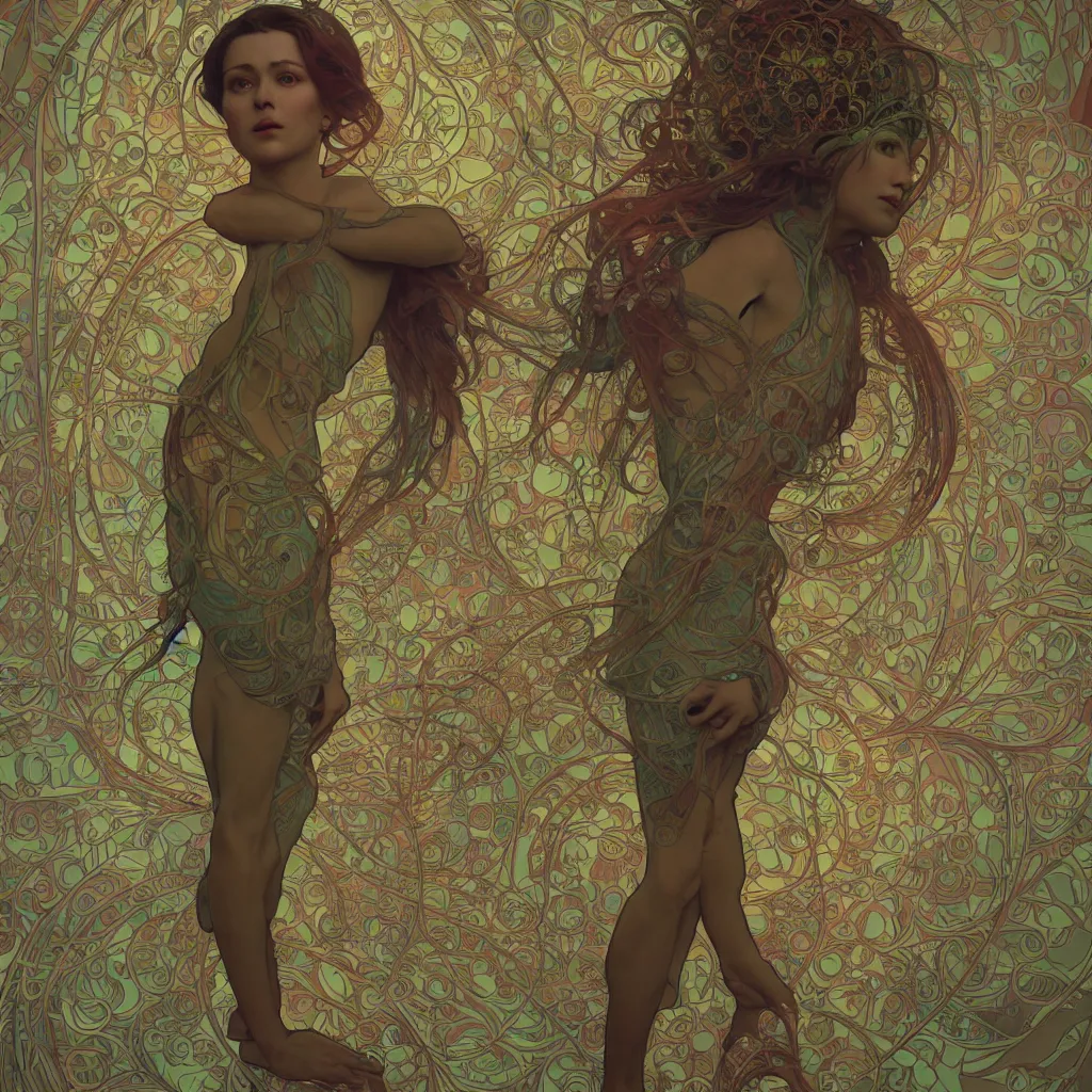 Prompt: human body made of thin rainbox Art Nouveau, Alphonse Mucha, cinematic realistic photo, octane render