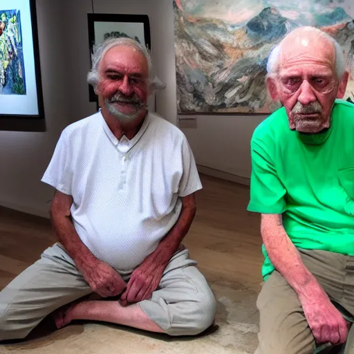 Prompt: mid white hair old man with green shirt and white short, sitting in a gallery art