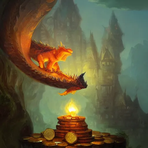 Prompt: beautiful fantasy illustration of an adorable baby dragon sleeping on top of gold coins. tavern background, by andreas rocha and marc simonetti, trending on artstation 8k hq