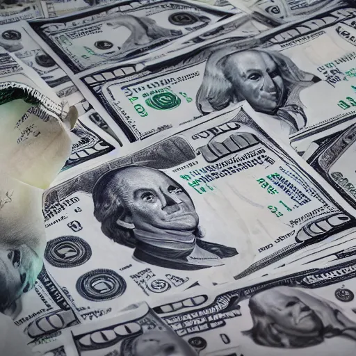 Prompt: huge stack of dollar bills, dslr, 8 k, octane beautifully detailed render, cold lighting, cinematic lighting, detailed photo, masterpiece, volumetric lighting, ultra realistic, highly detailed, high quality, lossless, photorealistic