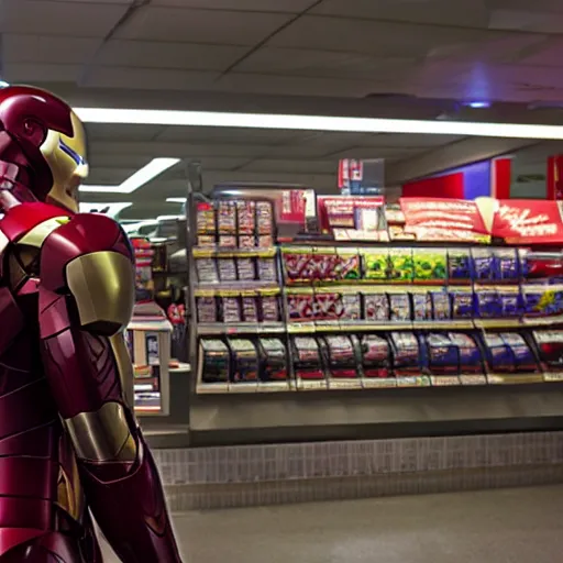 Image similar to Iron Man working as a 7/11 cashier using a red laser scanner, cash register, red laser scanner, wide wide shot, very detailed, beautiful lighting, red laser, fire, smoke