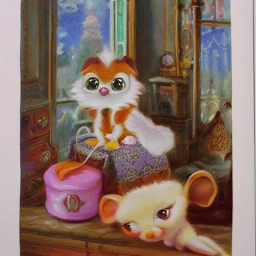 Image similar to 3 d littlest pet shop animal, sitting on pillows, fruit, decadence, parlor, sitting room, czech republic perfume bottles, delectable delights, sugar, powdered sugar, pastels, dream, master painter and art style of noel coypel, art of emile eisman - semenowsky, art of edouard bisson