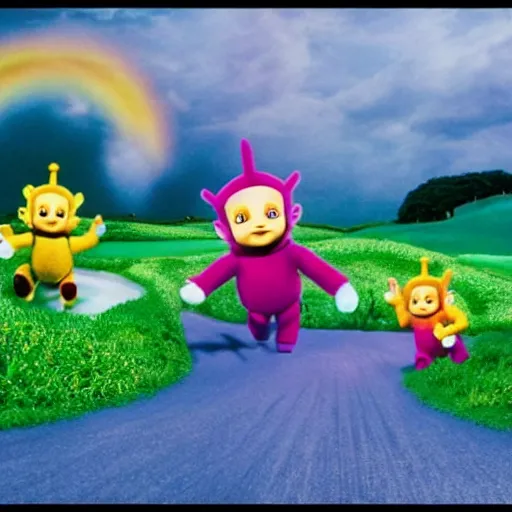 Prompt: A screenshot of the Teletubbies in Lord of the Rings