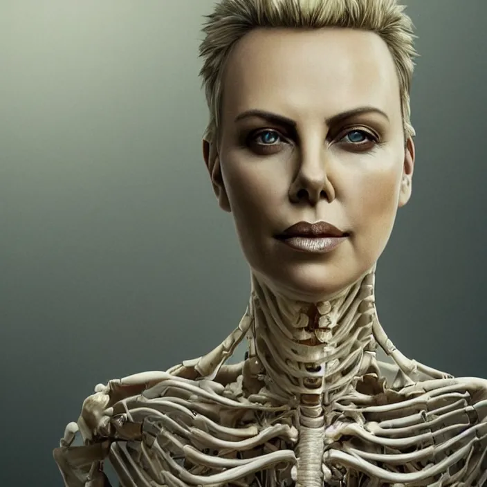 Image similar to portrait of charlize theron as a skeleton. intricate abstract. intricate artwork. nightmare fuel. by Tooth Wu, wlop, beeple, dan mumford. octane render, trending on artstation, greg rutkowski very coherent symmetrical artwork. cinematic, hyper realism, high detail, octane render, 8k, iridescent accents