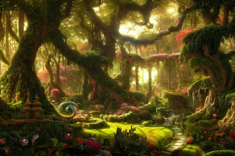 Image similar to a beautiful and highly detailed matte painting of a beautiful garden in a mystical forest, psychedelic, intricate details, epic scale, insanely complex, 8 k, sharp focus, photorealism, artstation, cgsociety, by caspar friedrich, albert bierstadt, james gurney, brian froud,