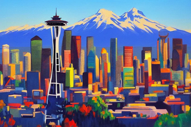 Prompt: !! oil painting!! seattle in a sunny day, artwork by tooth wu, colorful contrast,!!!! very coherent!!!!, dark shadow, thick lineart