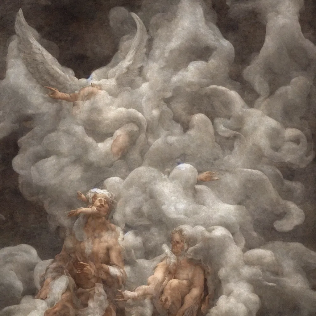 Prompt: powerful seraphim with white wings and white hair floating in a cloud of smoke. detailed, ultra - realistic, 8 k. by michelangelo, da vinci.