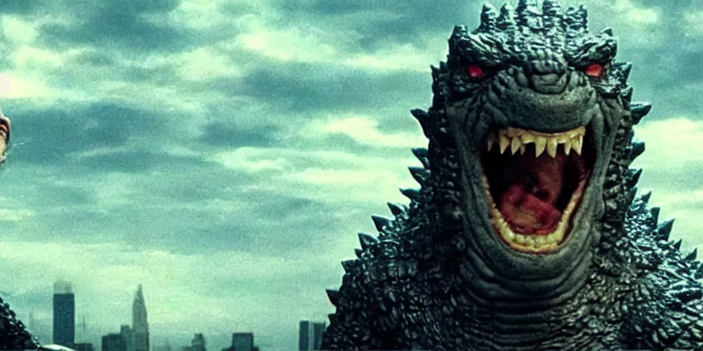 Prompt: a still from a movie, godzilla with human teeth being an idiot and laughing at a joke, real, weird, strange, funny