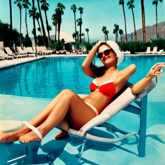 Prompt: A beautiful woman in sunglasses and a bikini relaxing in a lounge chair at a resort pool in Palm Springs California, vintage, stylistic, medium shot, retro, 1960s