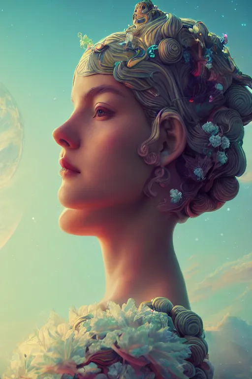 Prompt: a beautiful goddesses, profile, full body, universe in the background, planets, sky, dream, highly detailed, digital painting, refreshing, trending on artstation, octane render, illustration by james jean