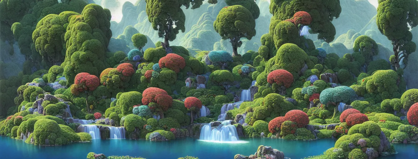 Image similar to a gorgeous very early spring series of lush islands separated by flower - lined streams, twisted gardens, painting by barlowe wayne maxfield parrish and marco mazzoni. tree no leaf!!!! china mountain village!! grey blue and very little light verdancy. the winding stone steps. ultra clear detailed. 3 d, octane render. turbulent blood lake.