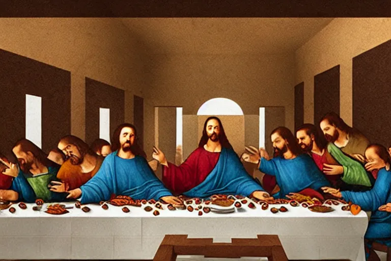 Image similar to tasteless magazine ad of the last supper in a taco bell