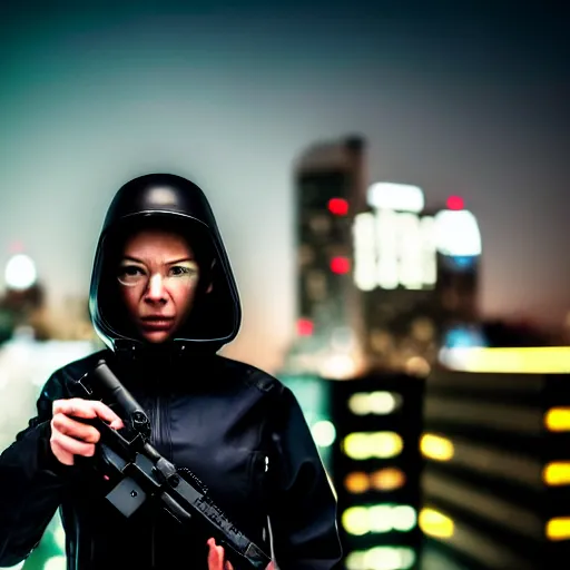 Prompt: photographic portrait of a techwear woman holding a bullet up to the camera, closeup, on the rooftop of a futuristic city at night, sigma 85mm f/1.4, 4k, depth of field, high resolution, full color, award winning photography, inspired by Kill Bill, inspired by John Wick, inspired by Die Hard, movies with guns, movie firearms