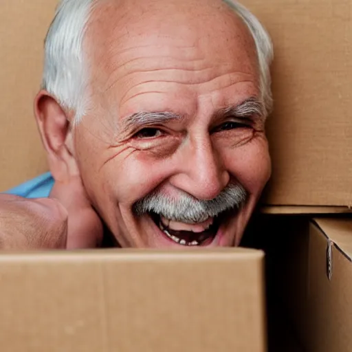 Image similar to an smiling old man peeking through a cardboard box