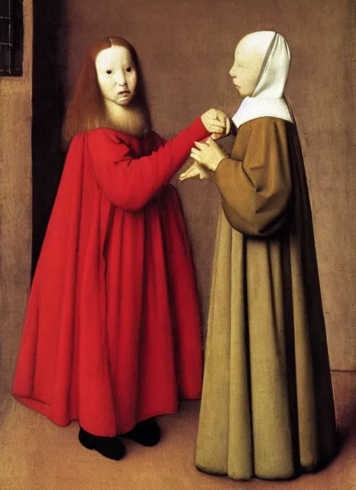 Image similar to red cloth and red shoes, medieval painting by jan van eyck, johannes vermeer