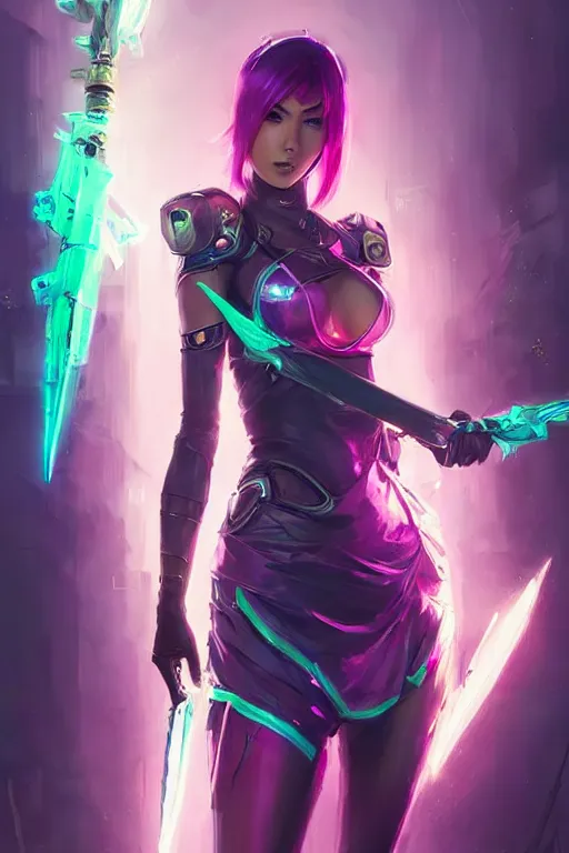 Image similar to fiora from league of legends, cyberpunk futuristic neon. long sword in her hand, decorated with traditional japanese ornaments by ismail inceoglu dragan bibin hans thoma greg rutkowski alexandros pyromallis nekro rene maritte illustrated, perfect face, fine details, realistic shaded, fine - face, pretty face, masterpiece