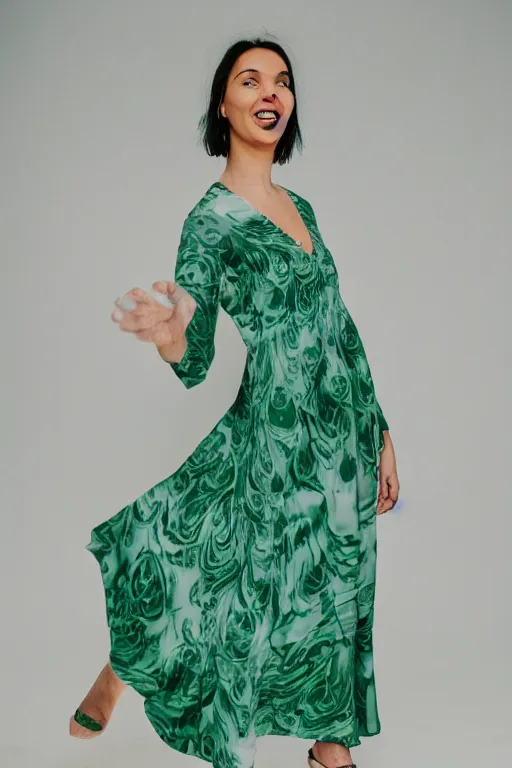 Image similar to woman wearing a magical jade dress
