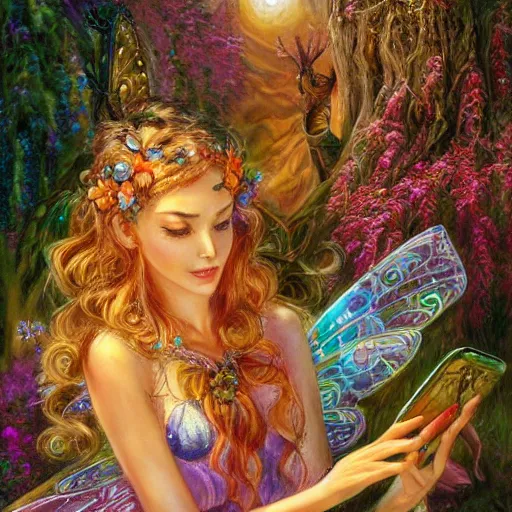 Prompt: a fairy checking her cell phone by senior concept artist josephine wall, acrylic on canvas, intricately detailed, high resolution trending on artstation