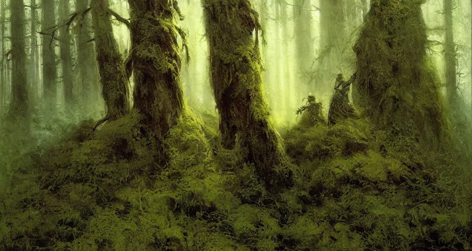 Image similar to primeval forest, murmuring pines and the hemlocks, bearded with moss, and in garments green, indistinct in the twilight, intricate, vivid colors, elegant, highly detailed, john park, frazetta, john howe, ruan jia, jeffrey catherine jones