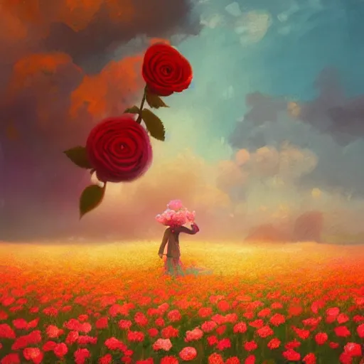 Image similar to large rose as a face, girl frontal in a flower field, surreal photography, sunrise dramatic light, impressionist painting, colorful clouds, digital painting, artstation, simon stalenhag