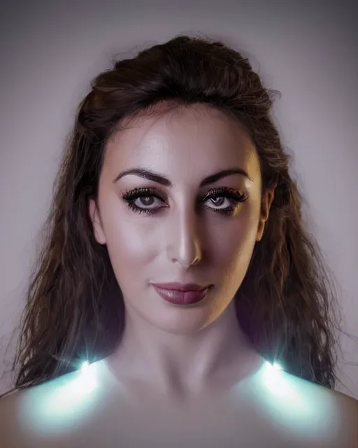 Prompt: centered portrait of flirtatious young sabrina salerno as a solarpunk mecha humanoid robotic parts and camera lens over left eye with bright led lights, real human face, pudica pose bouguereau style, white room, ultra - realistic and intricate, soft portrait shot 8 k