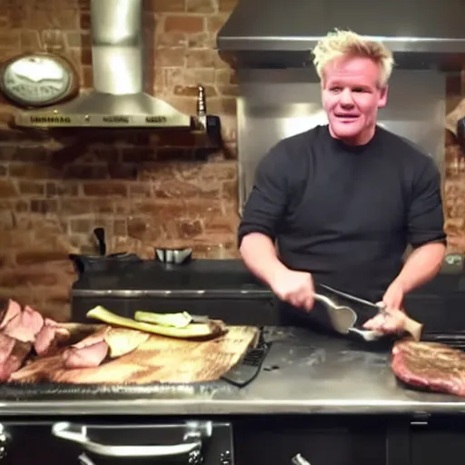 Prompt: Camcorder footage of Gordon Ramsey grilling a steak in the background, In the Backrooms (found footage)