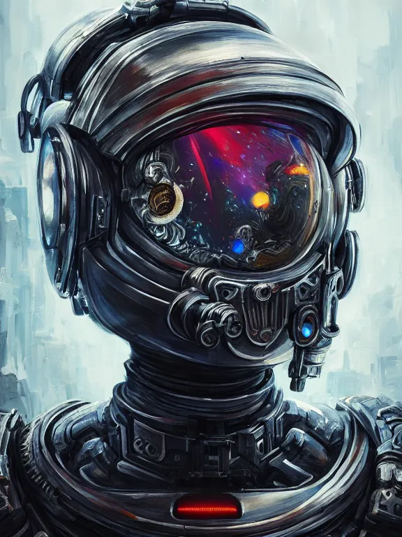 Image similar to portrait art of 8k ultra realistic retro futuristic zombie astronaut , galaxy reflected helmet , detailed intricate ornate armour,blade runner, cybernetic, full of colour, cinematic lighting, battered, trending on artstation, 4k, hyperrealistic, focused, extreme details,unreal engine 5, cinematic, masterpiece, art by ayami kojima, giger