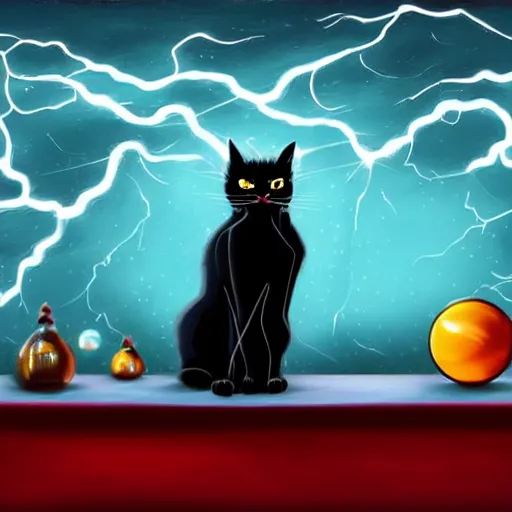 Image similar to black cat with one good eye sits atop a crystal ball on a table with red table cloth in dark room with lightning in windows, rain, digital illustration, studio ghibli