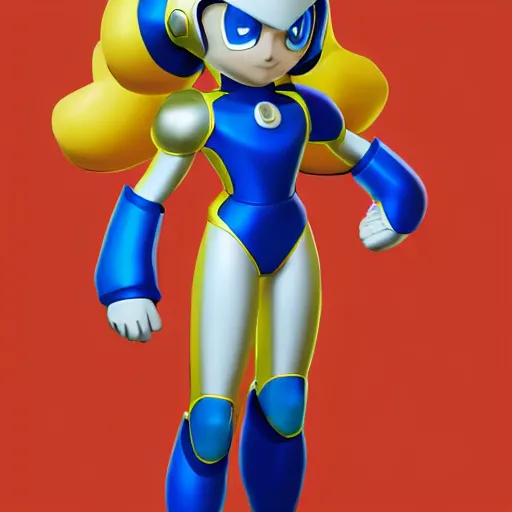 Prompt: mega man's kid sister. highly detailed 3 d render, anime, no helmet, long blue hair on her head, gold armor by john romita jr and david finch