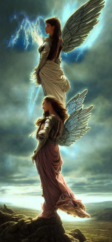 Image similar to steampunk angel, big wings, argentina, hudson river school, max rive, full plate armor with cloth, f 1 6, bokeh, gentle, female, snowy mountain, storm clouds, god rays, landscape, d & d, fantasy, elegant, teal pink white gold color palette, concept art, roger deakins and greg rutkowski and alphonse mucha