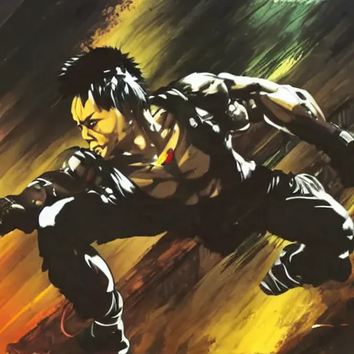 Prompt: Tony Jaa epic fight scene in the style of Yoji Shinkawa